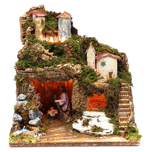 Complete Nativity Scene with Village and Lights for 10 cm Nativity, dimension 40X30X30 cm 1