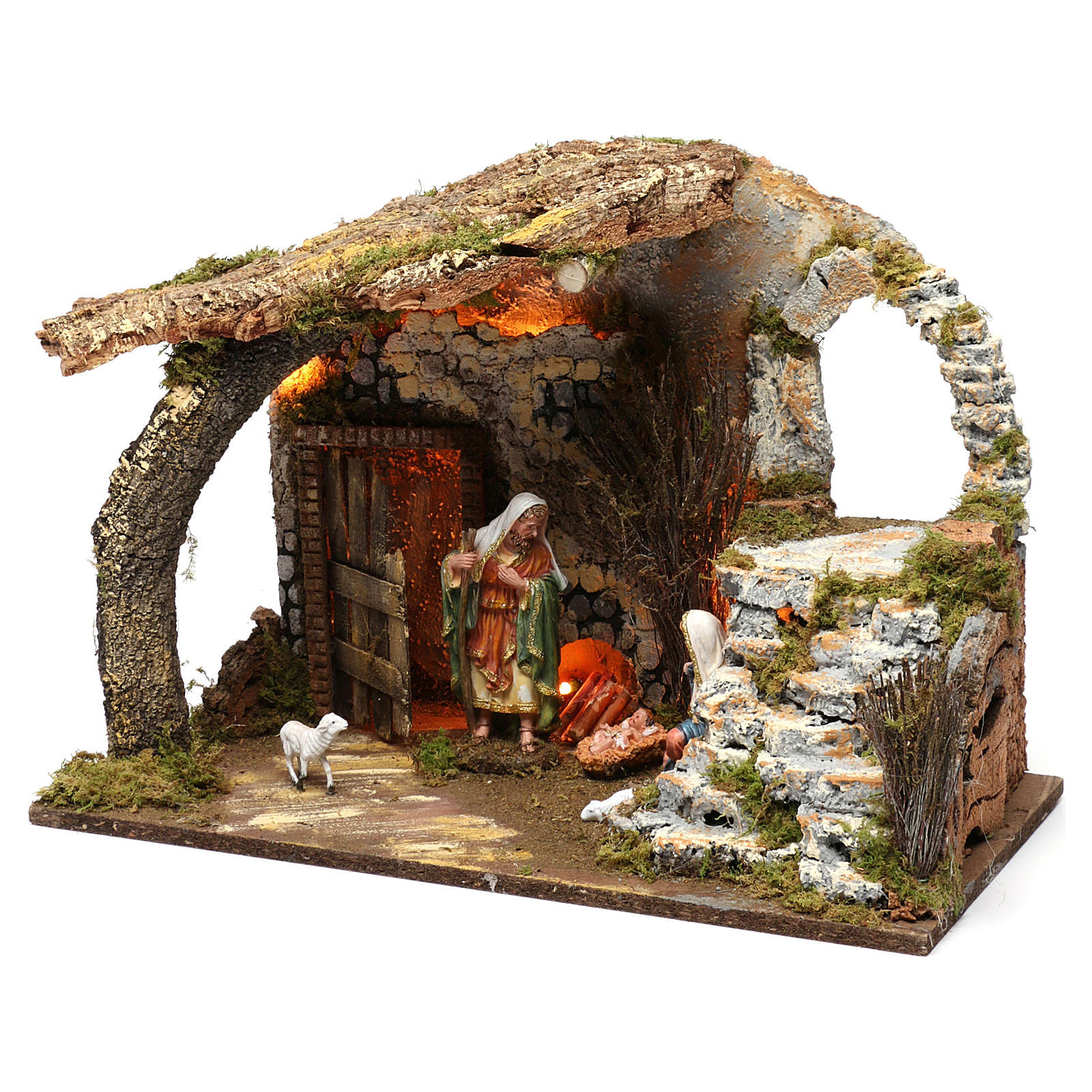 Grotte mit Heiligen Familie 15cm und Licht 40x50x30cm | Online Verfauf