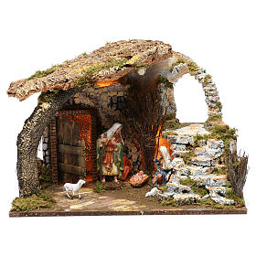 Grotte mit Heiligen Familie 15cm und Licht 40x50x30cm