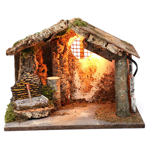 Hütte für Krippe mit Licht und Brunnen 25x30x20cm 1