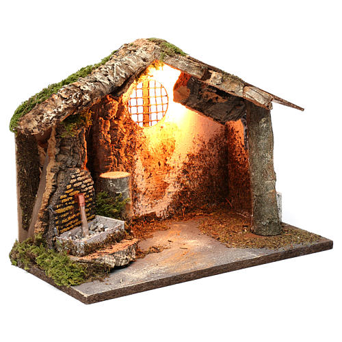 Hütte für Krippe mit Licht und Brunnen 25x30x20cm 3