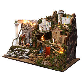 Village with Nativity and waterfall 50x75x40 cm