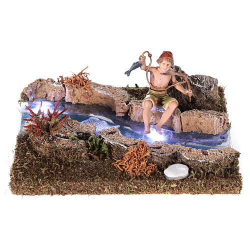 River with battery-operated led lights and fisherman 10x15x15  2