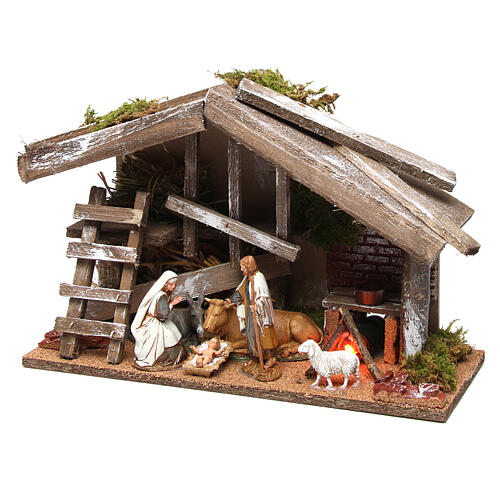 Cabaña de madera con Natividad y horno 25x35x15 cm 3