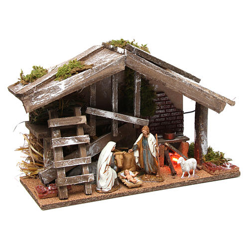 Cabaña de madera con Natividad y horno 25x35x15 cm 4