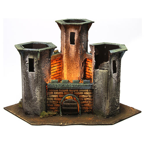 Castelo três torres ruína com luz para presépio com figuras 6 cm altura média 25x30x30 cm 1