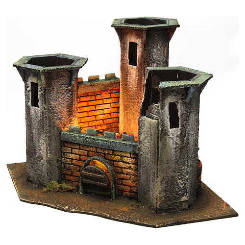 Castelo três torres ruína com luz para presépio com figuras 6 cm altura média 25x30x30 cm 2