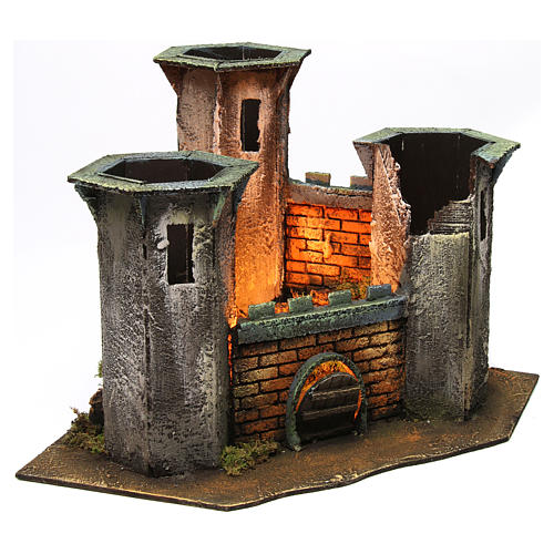 Castelo três torres ruína com luz para presépio com figuras 6 cm altura média 25x30x30 cm 3