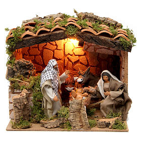 Maisons, milieux, ateliers, puits: Cabane avec nativité pour crèche de 12 cm avec éclairage et mouvement 20x25x20 cm