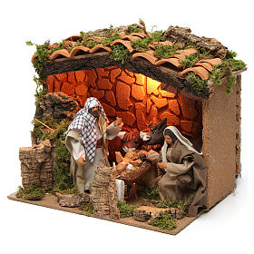 Maisons, milieux, ateliers, puits: Cabane avec nativité pour crèche de 12 cm avec éclairage et mouvement 20x25x20 cm