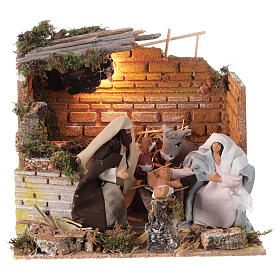 Settings, houses, workshops, wells: Stable with Nativity for 12 cm nativity with light and movement 20x25x20 cm