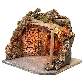 Beleuchtete Hütte mit Veranda Holz und Kork Neapolitanische Krippe, 25x30x25 cm