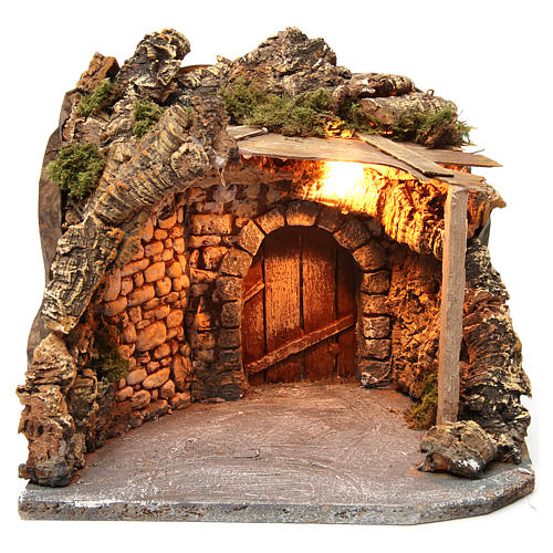 Illuminated hut with porch in wood and cork for Neapolitan Nativity Scene 25x30x25 cm 1