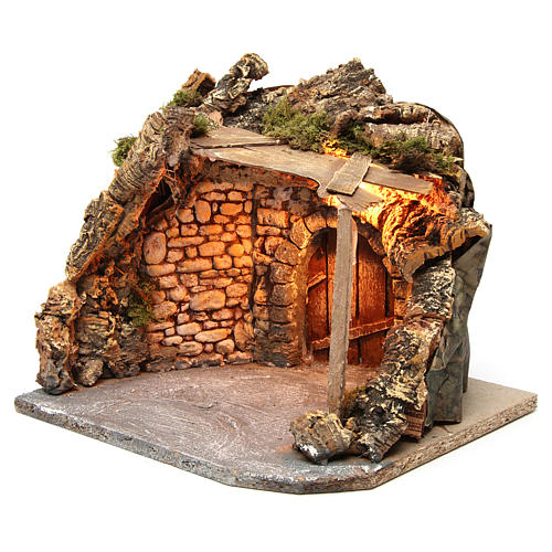 Illuminated stable with wooden porch and cork for Neapolitan Nativity Scene 25x28x25 cm 2
