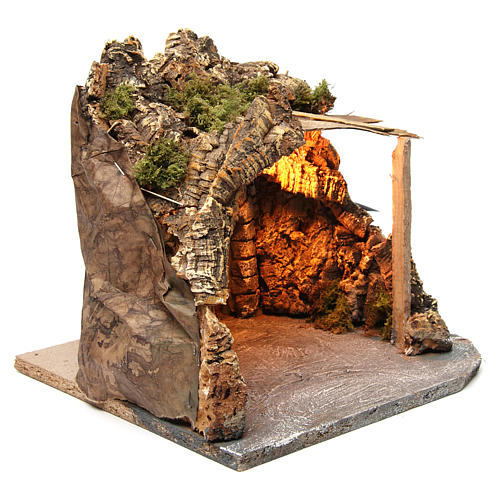 Illuminated stable with wooden porch and cork for Neapolitan Nativity Scene 25x28x25 cm 3