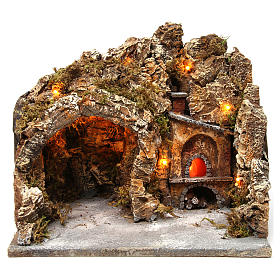 Krippenszenerie, Höhle aus Kork und Holz mit Beleuchtung und Ofen, 30x35x30 cm, für neapolitanische Krippe