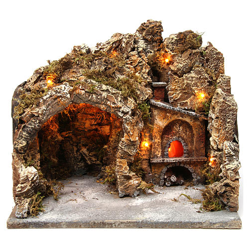 Krippenszenerie, Höhle aus Kork und Holz mit Beleuchtung und Ofen, 30x35x30 cm, für neapolitanische Krippe 1