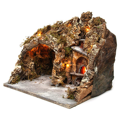Krippenszenerie, Höhle aus Kork und Holz mit Beleuchtung und Ofen, 30x35x30 cm, für neapolitanische Krippe 2