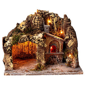 Nativity scene setting with external lights, cave and oven 30x35x30 cm, Neapolitan style