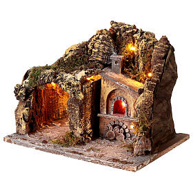 Nativity scene setting with external lights, cave and oven 30x35x30 cm, Neapolitan style