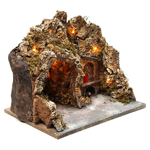 Cueva con horno iluminado y luces externas madera y corcho 30x35x30 cm belén napolitano 3