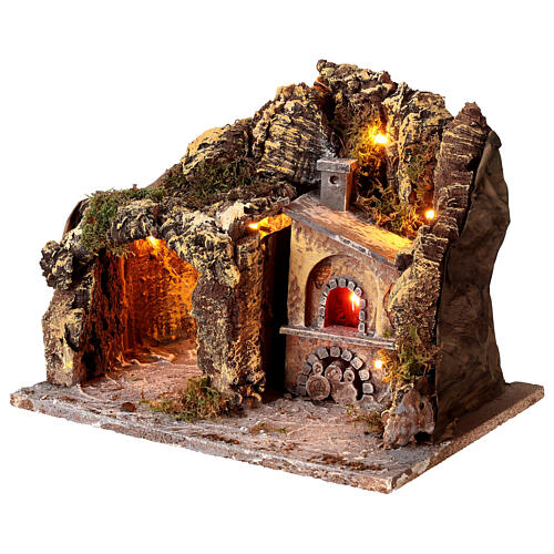 Cueva con horno iluminado y luces externas madera y corcho 30x35x30 cm belén napolitano 2