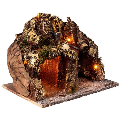 Cueva con horno iluminado y luces externas madera y corcho 30x35x30 cm belén napolitano 3