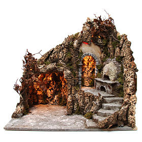 Nativity scene setting with lights, cave and oven 60x70x55 cm, Neapolitan style