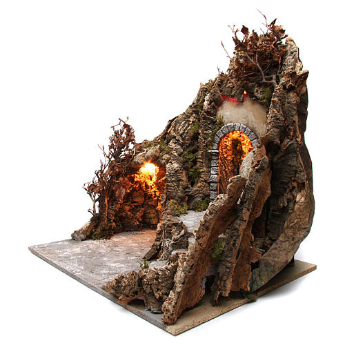 Nativity scene setting with lights, cave and oven 60x70x55 cm, Neapolitan style 2