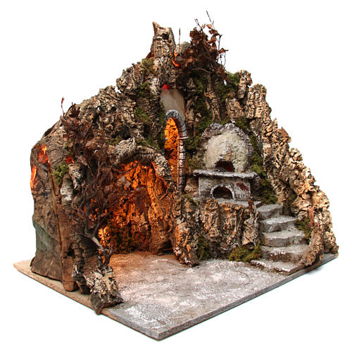 Nativity scene setting with lights, cave and oven 60x70x55 cm, Neapolitan style 3
