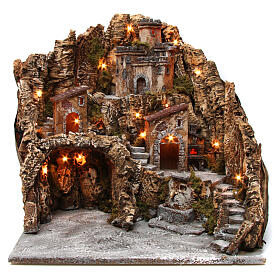 Dorf für Krippe Weihnachtsgeschichte mit Brunnen aus Holz und Kork, 50x55x60 cm