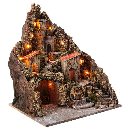 Village for nativity scene with cave, castle and fountain 50x55x60 cm, Neapolitan style 5