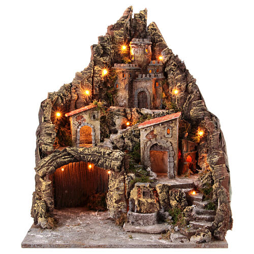 Borough with grotto Nativity castle fountain wood cork 50X55X60 cm neapolitan nativity 1