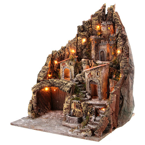 Borough with grotto Nativity castle fountain wood cork 50X55X60 cm neapolitan nativity 3