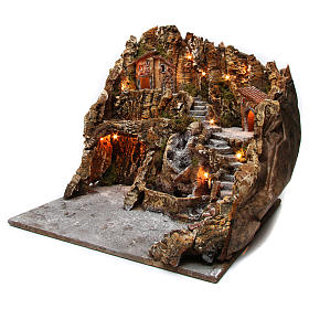 Village for nativity scene with lights, cave, water stream and houses 45x50x60 cm, Neapolitan style