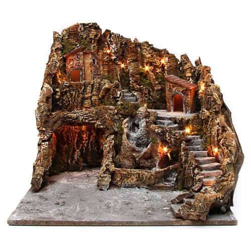 Village for nativity scene with lights, cave, water stream and houses 45x50x60 cm, Neapolitan style 1