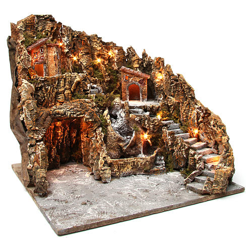 Village for nativity scene with lights, cave, water stream and houses 45x50x60 cm, Neapolitan style 3