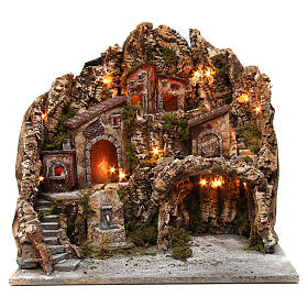 Nativity illuminated Town with oven fountain and grotto 50X55X60 cm Neapolitan nativity