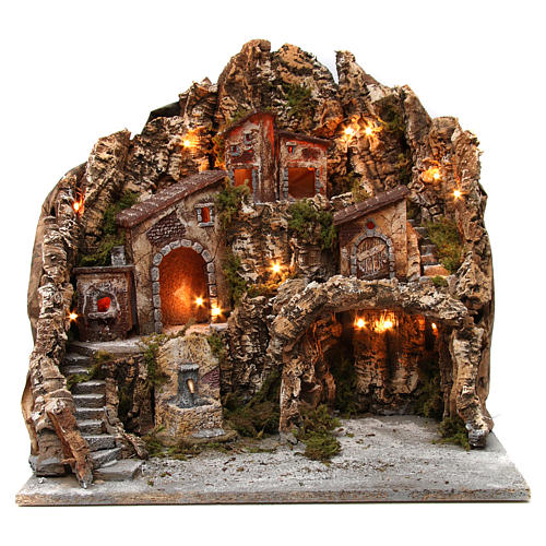 Nativity illuminated Town with oven fountain and grotto 50X55X60 cm Neapolitan nativity 1