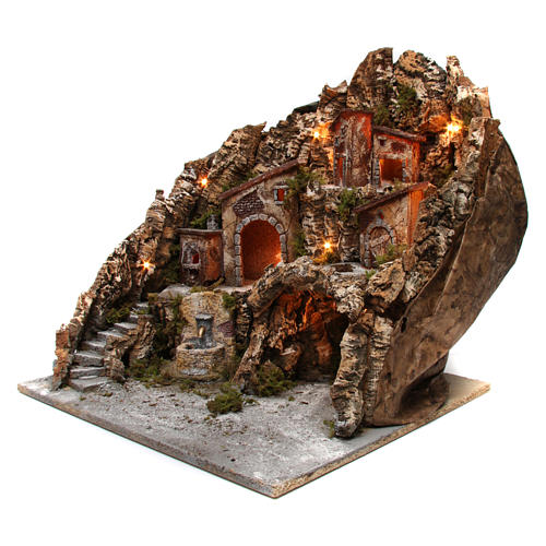 Nativity illuminated Town with oven fountain and grotto 50X55X60 cm Neapolitan nativity 2