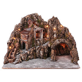 Village illuminated nativity with moving stream and grotto 55X85X65 cm Neapolitan nativity