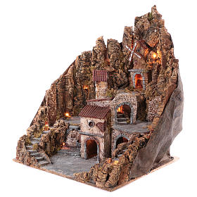 Hamlet for Neapolitan Nativity Scene with illuminated oven and moving mill 70x65x60 cm