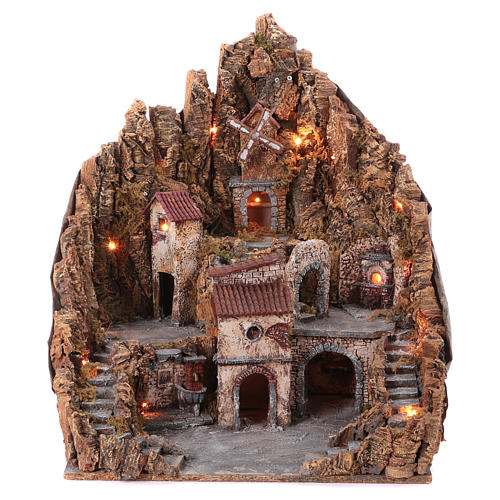 Hamlet for Neapolitan Nativity Scene with illuminated oven and moving mill 70x65x60 cm 1