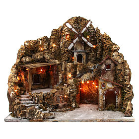 Countryside village for Neapolitan Nativity Scene with lighting fountain moving mill 50x65x55 cm