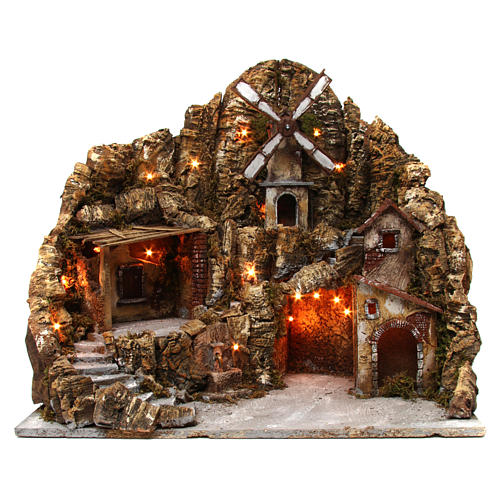 Countryside village for Neapolitan Nativity Scene with lighting fountain moving mill 50x65x55 cm 1