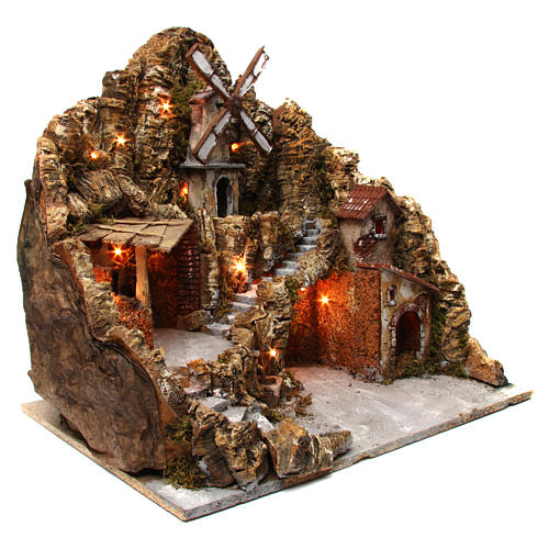 Countryside village for Neapolitan Nativity Scene with lighting fountain moving mill 50x65x55 cm 2