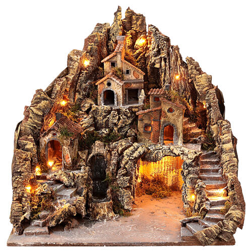 Neapolitan nativity scene setting with lights, cave and stream 50x50x60 cm 1