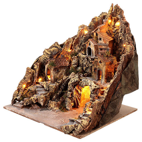 Presepe borgo illuminato con grotta Natività e ruscello movimento presepe napoletano 50X50X60 cm 3