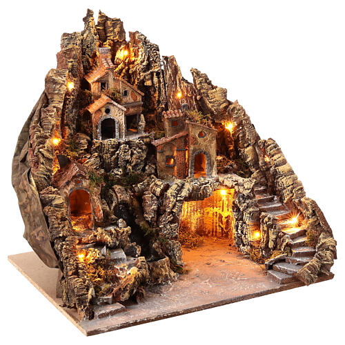 Presepe borgo illuminato con grotta Natività e ruscello movimento presepe napoletano 50X50X60 cm 5