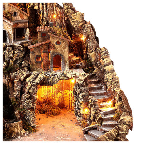 Presepe borgo illuminato con grotta Natività e ruscello movimento presepe napoletano 50X50X60 cm 6